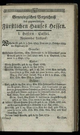 Genealogisches Verzeichniß des gegenwaertigen Fuerstlichen Hauses Hessen