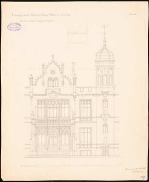 Schloss Stein, Hundsfeld: Aufriss des mittleren Giebels der Westfassade, Detailskizzen, Maßstabsleiste