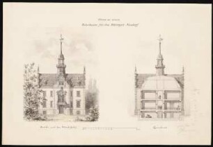 Herrenhaus für das Rittergut, Neudorf/Spree: Ansicht vom Wirtschaftshof und Querschnitt