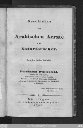 Geschichte der Arabischen Aerzte und Naturforscher