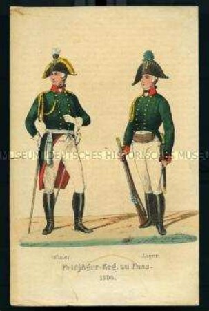 Uniformdarstellung, Offizier und Jäger des Feldjäger-Regiments zu Fuß, Preußen, 1806. Aus: Der Soldatenfreund.