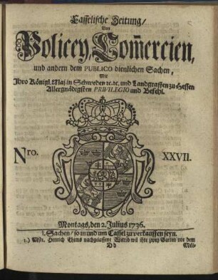 Nro. XXVII, Montags, den 2. Julius 1736