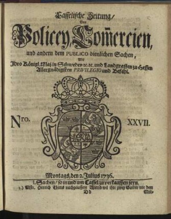 Nro. XXVII, Montags, den 2. Julius 1736