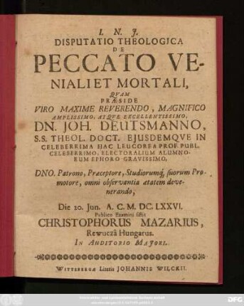 Disputatio Theologica De Peccato Veniali Et Mortali