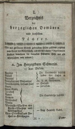 I. Verzeichnis der herzoglichen Domänen und derselben Pächter