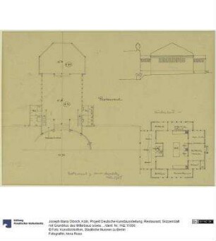 Köln, Projekt Deutsche Kunstausstellung, Restaurant, Skizzenblatt mit Grundriss des Mittelbaus sowie Aufriss und Grundriss des Küchenflügels