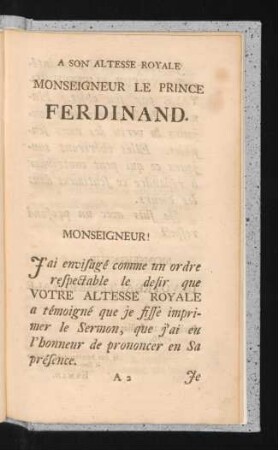 A Son Altesse Royale Monseigneur Le Prince Ferdinand.