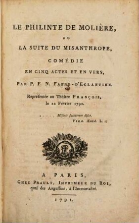 Le Philinte de Molière ou la Suite du Misanthrope : comédie en cinq actes et en vers