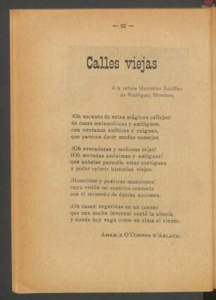 Calles viejas : A la señora Mercedes Bazáñez de Rodríguez Mendoza.