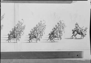 Götteraufzug Augusts des Starken 1695. Heerpauker und Hornisten : Götteraufzug von Friedrich August I. (der Starke), Kurfürst von Sachsen, zum Karneval am 7. Februar 1695. Seite 6: Heerpauker und Hornisten zu Pferd. Dresden: Kupferstich-Kabinett B 1929, 2