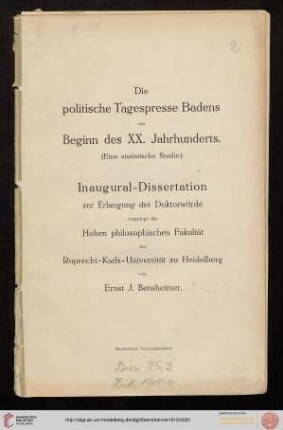 Die politische Tagespresse Badens am Beginn des XX. Jahrhunderts : (eine statistische Studie)