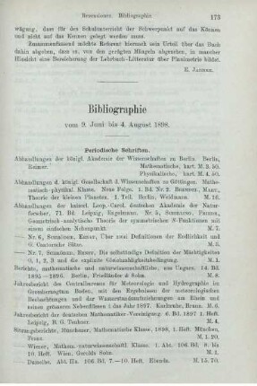 Bibliographie vom 9. Juni bis 4. August 1898.