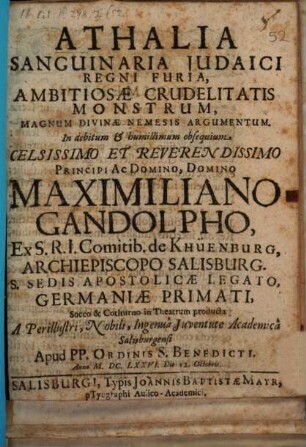 Athalia Sanguinaria Judaici Regni Furia, Ambitiosae Crudelitatis Monstrum, Magnum Divinae Nemesis Argumentum