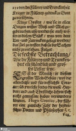Die sechste Betrachtung, wie die Füllerey und Trunckenheit ein schändlich und grosses Laster seye