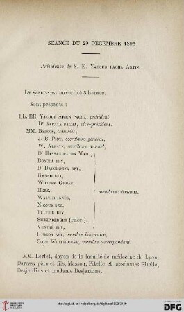 Séance du 29 décembre 1893: présidence de S. E. Yacoub Pacha Artin