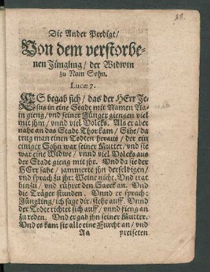 Die Ander Predigt/ Von dem verstorbenen Jüngling/ der Widwin zu Nain Sohn.