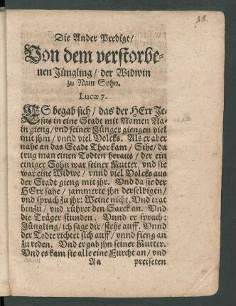 Die Ander Predigt/ Von dem verstorbenen Jüngling/ der Widwin zu Nain Sohn.