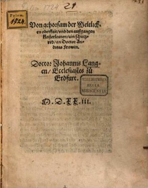 Von gehorsam der Weltlichen oberkait, vnd den außgangen klosterleuten