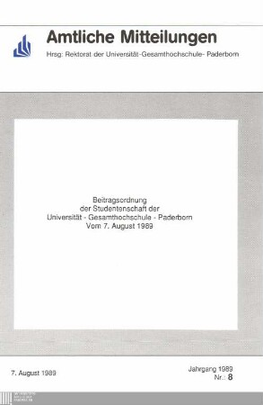 Beitragsordnung der Studentenschaft der Universität - Gesamthochschule - Paderborn : 7. August 1989