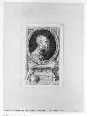 Porträt Michelangelos im Profil nach rechts im Oval, in einer allegorischen Rahmung