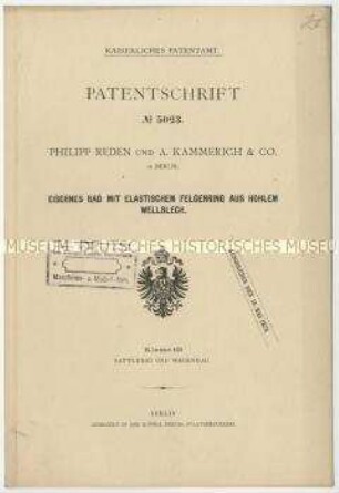 Patentschrift eines eisernen Rades mit elastischem Felgenring, Patent-Nr. 5023