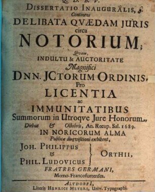 Dissertatio Inauguralis, Continens Delibata Quædam Iuris circa Notorium
