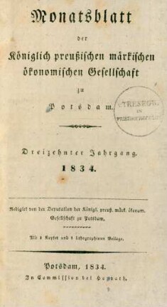 13.1834: Monatsblatt der Königlich preußischen märkischen ökonomischen Gesellschaft zu Potsdam
