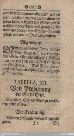 TABELLA XII. Von Probierung der Gold-Ertze.