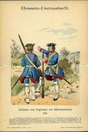 Uniformdarstellung, Gemeine des Infanterie-Regiments "von Schrautenbach", Landgrafschaft Hessen-Darmstadt, 1717.