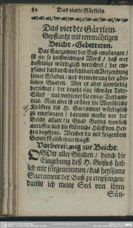Das vierdte Gärtlein. Gepflantzt m, mit reumüthigen Beicht-Gebetteren