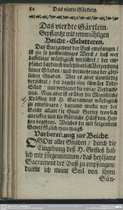 Das vierdte Gärtlein. Gepflantzt m, mit reumüthigen Beicht-Gebetteren