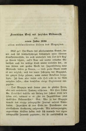 Freundlichen Gruß und herzlichen Grlückwunsch zum neuen Jahre 1845 allen wohlwollenden Lesern des Magazins
