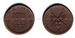Porzellan-Notmünze (Böttgersteinzeug) der Stadt Kitzingen Wert von 75 Pfennig