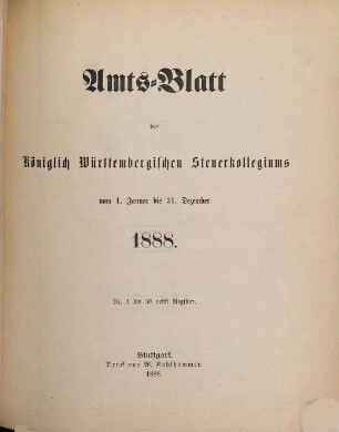 Amtsblatt des Württembergischen Steuerkollegiums. 1888