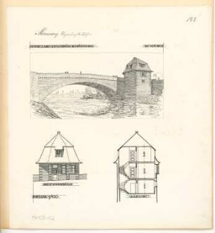 Straßenbrücke mit Wärterhaus Monatskonkurrenz März 1913: Aufriss Brückenansicht, Querschnitt 1:100; perspektivische Ansicht