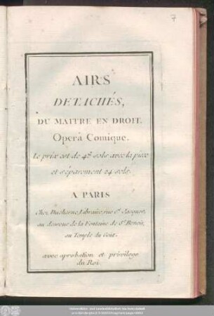 Airs Detachés Du Maitre En Droit. Opera Comique