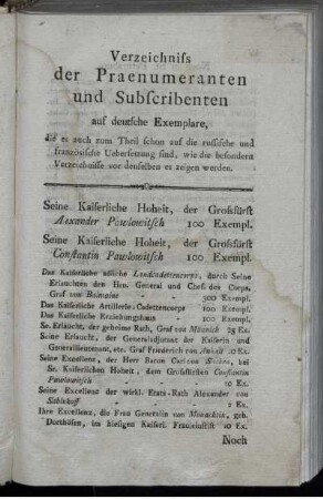 Verzeichniss der Praenumeranten und Subscribenten