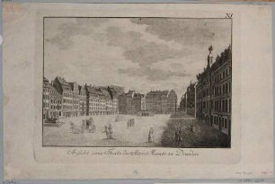 Ansicht des Altmarktes in Dresden, Blick nach Süden in die Seegasse mit dem Chaisenhaus, dem Justitia-Brunnen und der im Bau befindlichen Kreuzkirche
