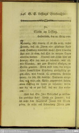 51. Gleim an Lessing. Halberstadt, den 28. März 1767