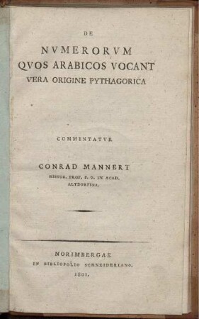 De Numerorum Quos Arabicos Vocant Vera Origine Pythagorica