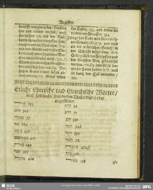 Etliche Ebreische und Griechische Wörter, auch Formuln, so in diesem Theil erkläret oder angeführet