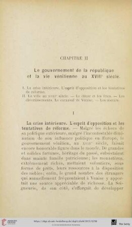 Chapitre II: Le gouvernement de la république et la vie vénitienne au XVIIIe siècle