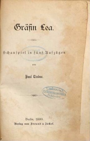 Gräfin Lea : Schauspiel in fünf Aufzügen