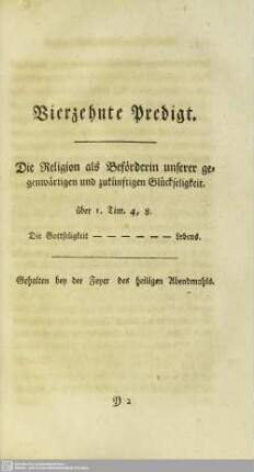 Vierzehnte Predigt. Die Religion als Beförderin unserer gegenwärtigen und zukünftigen Glückseligkeit