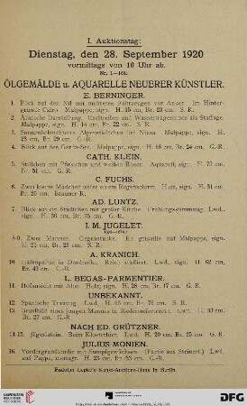 Ölgemälde u. Aquarelle neuerer Künstler (Nr. 1-150)