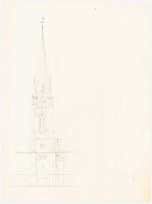 Kirche mit 1012 Plätzen: Aufriss Turmseite, Skizze Turmansicht