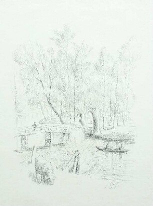 Flusslandschaft mit Schaf im Vordergrund