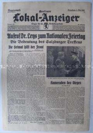 Tageszeitung "Berliner Lokal-Anzeiger" mit einem Aufruf des Reichsleiters der NSDAP Robert Ley