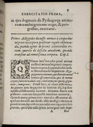 Exercitatio Prima, in qua dogmatis de Pythagorea animarum transmigratione origo, & progressus, enarratur.