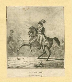 Wilhelm I., König von Württemberg, als Kronprinz, in Uniform mit Mütze und Orden, zu Pferd mit gezogenem Säbel im Schlachtgetümmel von Montereau, Brustbild in Halbprofil
